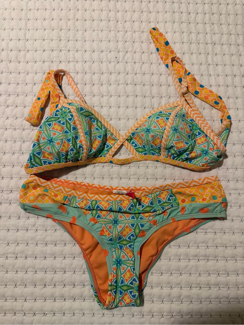 Colorful Geometric Bikini Set - Orange, Aqua & Green